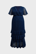Curveins Plus Size V-Neck Batwing Sleeve Printed Maxi Dress with Ruched Detail
