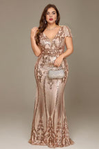 Curveins Plus Size V Neck Short Sleeve Bodycon Sequin Party Maxi Dress