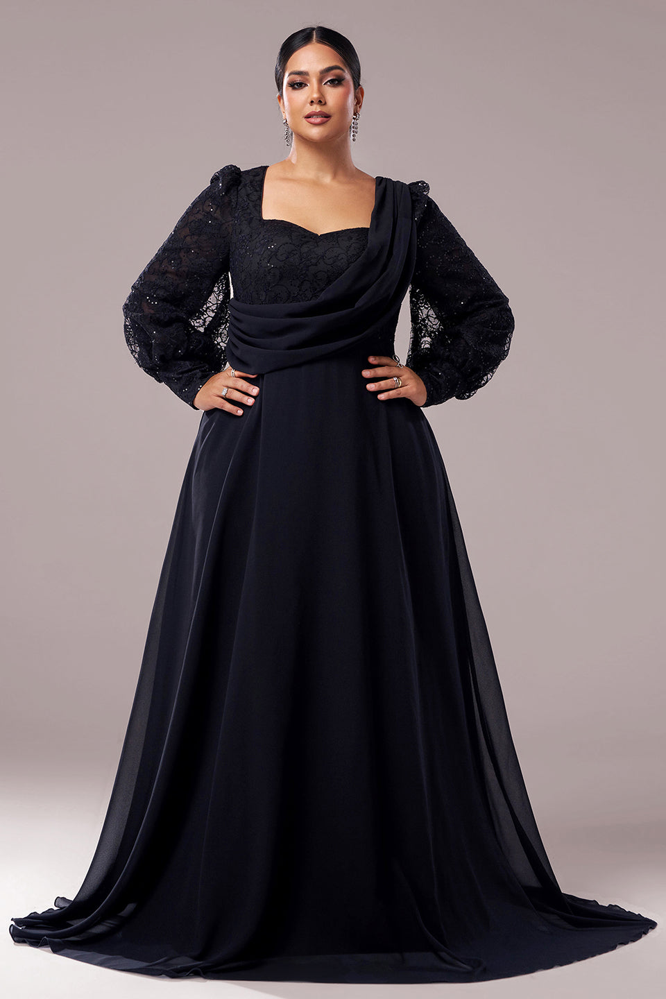 Curveins Plus Size V-Neck Long Sleeve Elegant Panel Maxi Dress