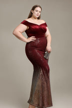 Curveins Plus Size Elegant Off-Shoulder Velvet Fishtail Long Dress