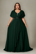 Curveins Plus Size V-Neck Short Sleeve Asymmetrical A-Line Maxi Dress
