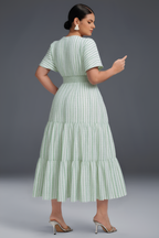 Curveins Plus Size V-Neck Striped Short Sleeve Pleated Maxi Dress
