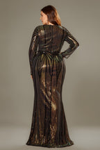 Curveins Plus Size V-Neck Long Lantern Sleeve Sequin Bodycon Maxi Dress