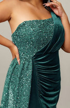 Curveins Plus Size One Shoulder Sequin Velvet Patchwork High Slit Maxi Dress