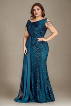 Curveins Plus Size One Shoulder Sleeveless Beaded Ribbon Elegant Maxi Dress