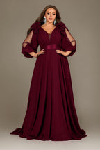 Curveins Plus Size Elegant V-Neck Batwing Sleeve Waist-Hugging Long Dress