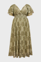 Curveins Plus Size V Neck Batwing Sleeve Plaid Pattern Flowy Maxi Dress