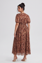 Curveins Plus Size V Neck Short Sleeve Floral Ruched Waist Flowy Elegant Maxi Dress