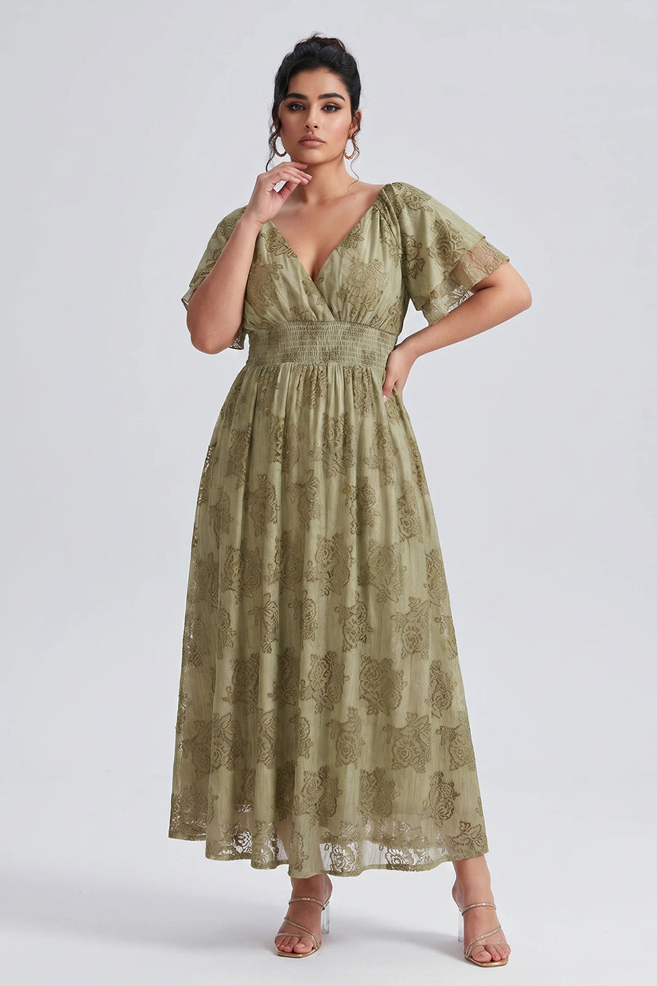 Curveins Plus Size V Neck Batwing Sleeve Plaid Pattern Flowy Maxi Dress