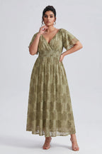 Curveins Plus Size V Neck Batwing Sleeve Plaid Pattern Flowy Maxi Dress