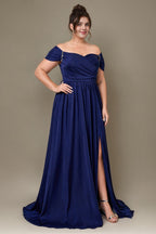 Curveins Plus Size Off Shoulder Wrinkle Detail Split Hem Flared Maxi Dress