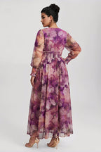 Curveins Plus Size V Neck Long Sleeve Floral Waist Maxi Dress