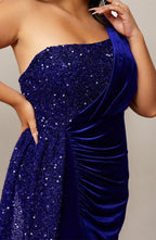Curveins Plus Size One Shoulder Sequin Velvet Patchwork High Slit Maxi Dress