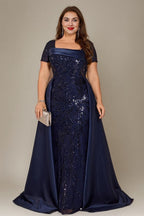 Curveins Plus Size Square Neck Short Sleeve Sequin Waist Defining Belted Maxi Dress