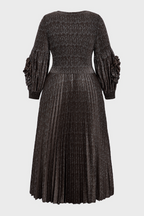 Curveins Plus Size V-Neck Long Sleeve Waist Tie Pleated Maxi Dress
