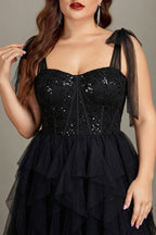 Curveins Plus Size V Neck Cami Tulle Overlay Sequin Patchwork Flattering Maxi Dress