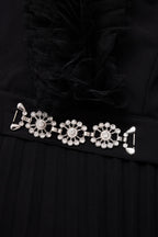 Curveins Plus Size Elegant Black V-Neck Pleated Maxi Dress with Crystal Belt