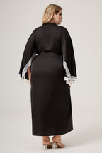 Curveins Plus Size Satin Chiffon Lace Trim Long Sleeve Elegant Robe Sleepwear