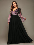 Curveins Plus Size V-Neck Floral Patchwork Maxi Dress with Flattering Flare Sleeves