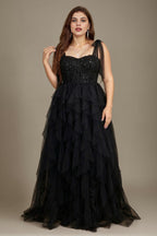 Curveins Plus Size V Neck Cami Tulle Overlay Sequin Patchwork Flattering Maxi Dress