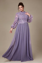Curveins Plus Size High Neck Lantern Sleeve Embroidered Panel Maxi Dress