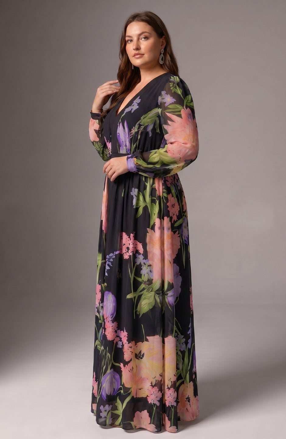 Curveins Plus Size V Neck Floral Long Sleeve Waist Tie Elegant Maxi Dress