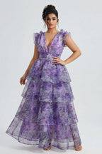 Curveins Plus Size V-Neck Sleeveless Floral Tiered Maxi Dress with Decorative Shoulder Detail
