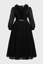 Curveins Plus Size Elegant Black V-Neck Pleated Maxi Dress with Crystal Belt