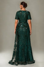 Curveins Plus Size V-Neck Batwing Sleeve Sequin Detail Maxi Dress with Side Train