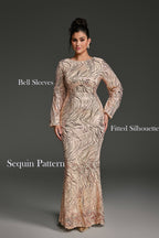 Curveins Plus Size Round Neck Puff Sleeve Striped Sequin Bodycon Maxi Dress