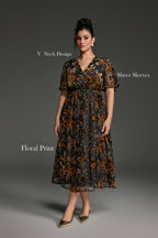 Curveins Plus Size V-Neck Sheer Batwing Sleeve Floral Velvet Midi Dress