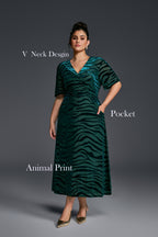 Curveins Plus Size V-Neck Batwing Sleeve Tiger Print Velvet Maxi Dress