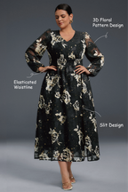 Curveins Plus Size V-Neck Long Sleeve Floral Slit Hem Maxi Dress